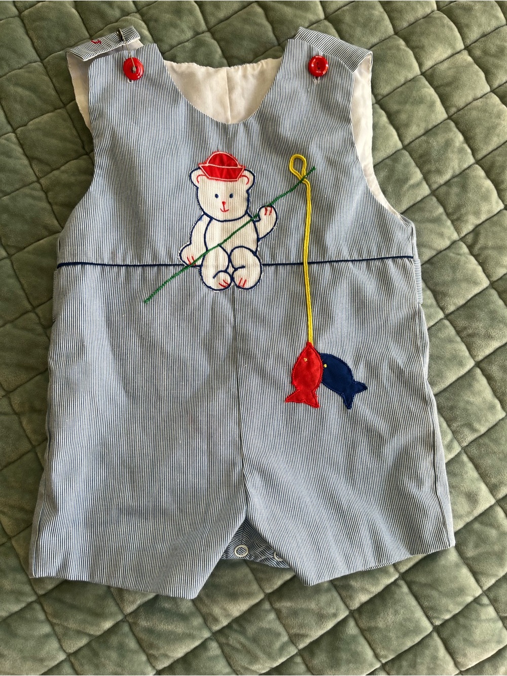 Vtg Baby Romper Bear Fishing Embroidered Patchwork